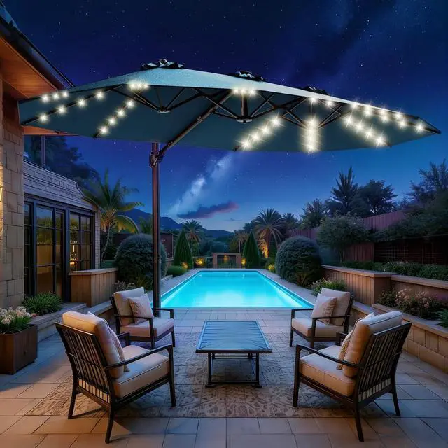Alt view image 5 of 7 - 15FT Cantilever Patio Umbrella with LED Lights, 360°Rotation Large Double Sided Rectangular Outdoor Umbrella for Garden, Backyard, Pool, Deck, Light Blue(with Base)