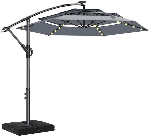 Main image of 10ft 3-Tiered Cantilever Patio Umbrella with Solar LED Lights, Hanging Offset Market Outdoor Umbrella Shade with Base for Beach, Backyard, Deck, Poolside, Gray