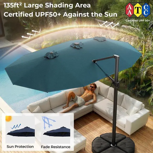 Alt view image 4 of 7 - 15FT Cantilever Patio Umbrella with LED Lights, 360°Rotation Large Double Sided Rectangular Outdoor Umbrella for Garden, Backyard, Pool, Deck, Light Blue(with Base)