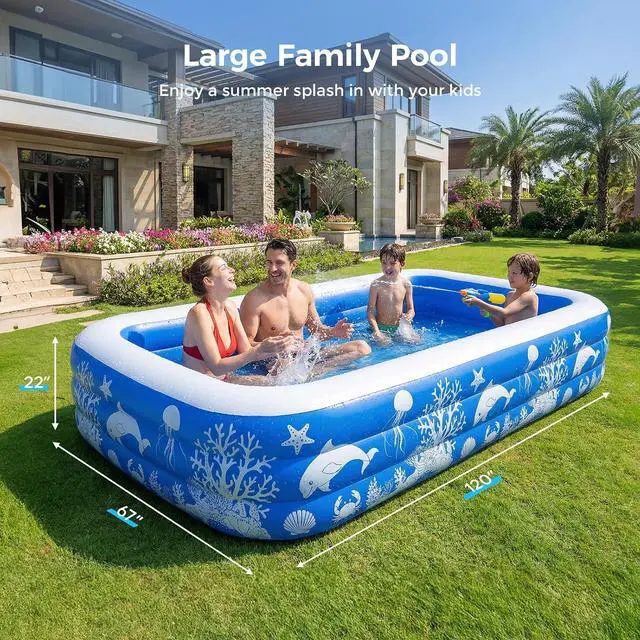 Alt view image 2 of 4 - Inflatable Pool, 120" X 67" X 22" Family Swimming Pool, Oversized Thickened Kiddie Pool for Outdoor, Garden, Backyard, Blue