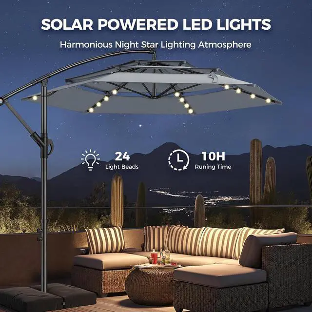 Alt view image 3 of 7 - 10ft 3-Tiered Cantilever Patio Umbrella with Solar LED Lights, Hanging Offset Market Outdoor Umbrella Shade with Base for Beach, Backyard, Deck, Poolside, Gray