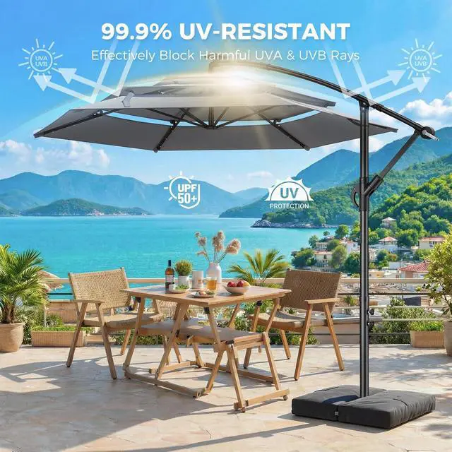 Alt view image 2 of 7 - 10ft 3-Tiered Cantilever Patio Umbrella with Solar LED Lights, Hanging Offset Market Outdoor Umbrella Shade with Base for Beach, Backyard, Deck, Poolside, Gray