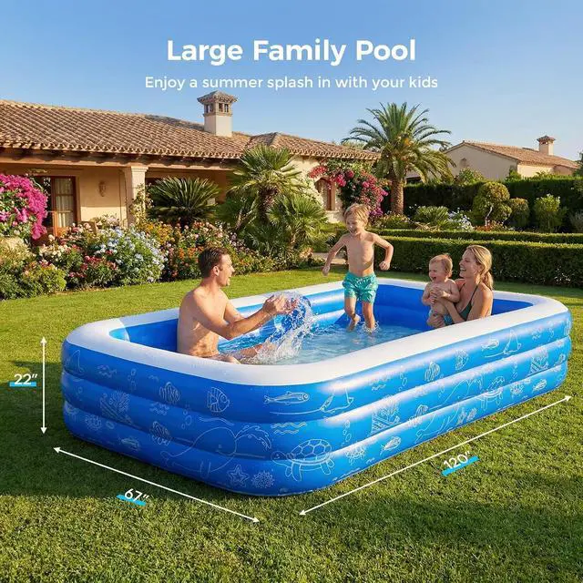 Alt view image 3 of 7 - Inflatable Pool, 120"x68"x22" Family Swimming Pool for Kids and Adults, Thickened Kiddie Pool for Outdoor, Garden, Backyard, Blue