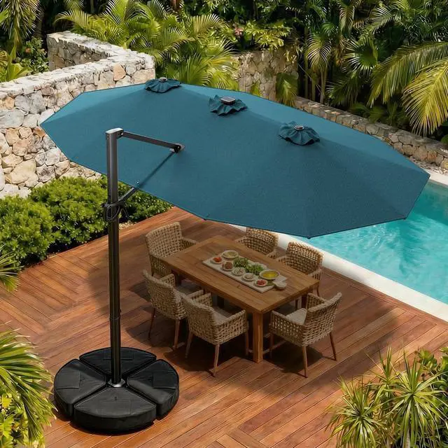 Alt view image 6 of 7 - 15FT Cantilever Patio Umbrella with LED Lights, 360°Rotation Large Double Sided Rectangular Outdoor Umbrella for Garden, Backyard, Pool, Deck, Light Blue(with Base)
