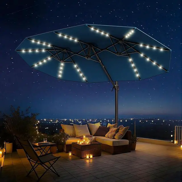 Alt view image 7 of 7 - 15FT Cantilever Patio Umbrella with LED Lights, 360°Rotation Large Double Sided Rectangular Outdoor Umbrella for Garden, Backyard, Pool, Deck, Light Blue(with Base)