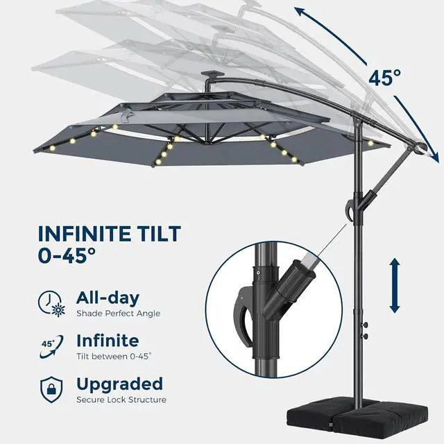 Alt view image 4 of 7 - 10ft 3-Tiered Cantilever Patio Umbrella with Solar LED Lights, Hanging Offset Market Outdoor Umbrella Shade with Base for Beach, Backyard, Deck, Poolside, Gray