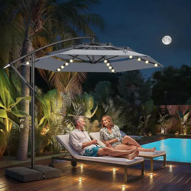 Alt view image 5 of 7 - 10ft 3-Tiered Cantilever Patio Umbrella with Solar LED Lights, Hanging Offset Market Outdoor Umbrella Shade with Base for Beach, Backyard, Deck, Poolside, Gray