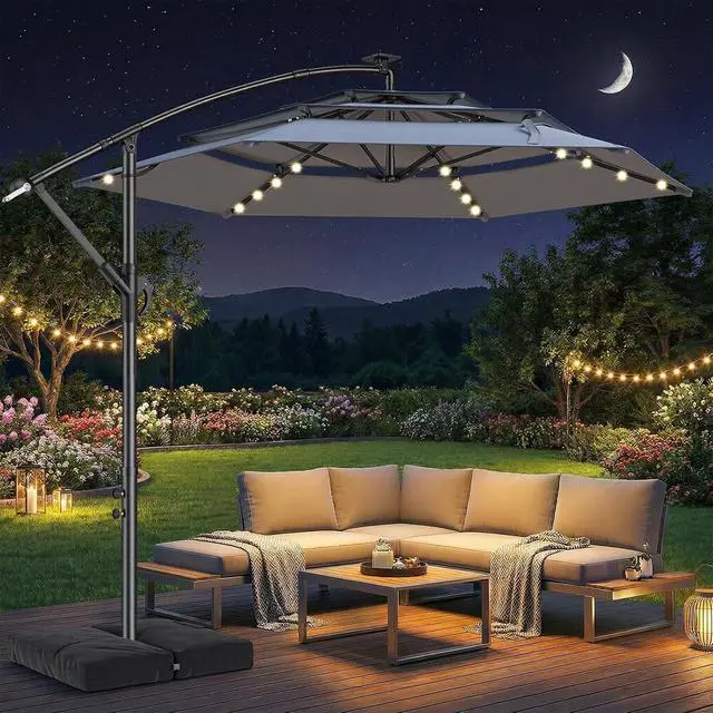 Alt view image 7 of 7 - 10ft 3-Tiered Cantilever Patio Umbrella with Solar LED Lights, Hanging Offset Market Outdoor Umbrella Shade with Base for Beach, Backyard, Deck, Poolside, Gray