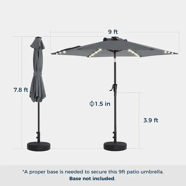 Alt view image 6 of 7 - 9ft Solar Patio Umbrella with Colorful LED Lights, 45° Tilt Adjustment Outdoor Umbrella for Garden, Backyard, Pool, Gray (Base not included)