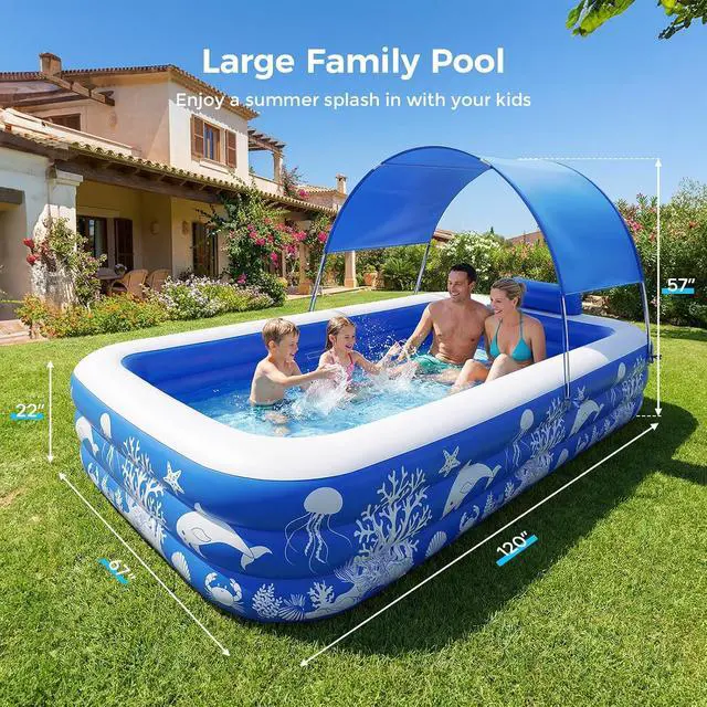 Alt view image 2 of 7 - Pool with Canopy, Family Size Swimming Pool Thickened Kiddie Pool for Kids Children Family Outdoor, 120'' x 68'' x 57''