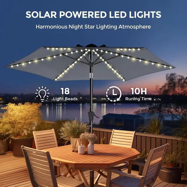 Alt view image 3 of 7 - 9ft Solar Patio Umbrella with Colorful LED Lights, 45° Tilt Adjustment Outdoor Umbrella for Garden, Backyard, Pool, Gray (Base not included)
