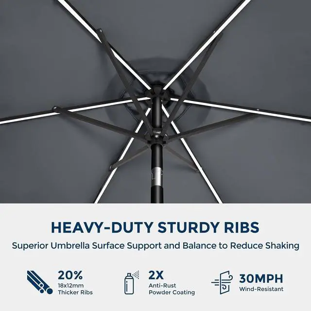 Alt view image 4 of 7 - 9ft Solar Patio Umbrella with Colorful LED Lights, 45° Tilt Adjustment Outdoor Umbrella for Garden, Backyard, Pool, Gray (Base not included)