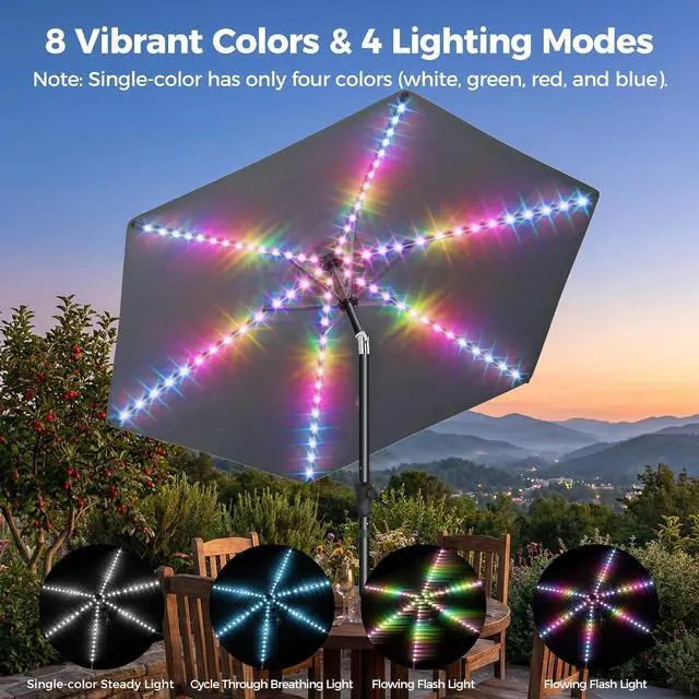 Alt view image 2 of 7 - 9ft Solar Patio Umbrella with Colorful LED Lights, 45° Tilt Adjustment Outdoor Umbrella for Garden, Backyard, Pool, Gray (Base not included)