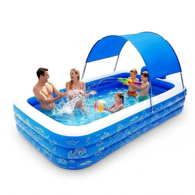 Main image of Inflatable Pool with with Canopy, 120''x68''x57'' Oversized Thickened Family Swimming Pool for Kids and Adults, Outdoor, Garden, Blue