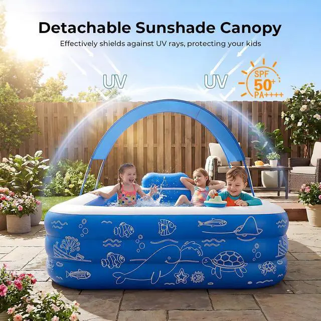 Alt view image 2 of 7 - Inflatable Pool with with Canopy, 120''x68''x57'' Oversized Thickened Family Swimming Pool for Kids and Adults, Outdoor, Garden, Blue