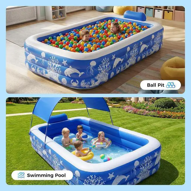 Alt view image 6 of 7 - Pool with Canopy, Family Size Swimming Pool Thickened Kiddie Pool for Kids Children Family Outdoor, 120'' x 68'' x 57''