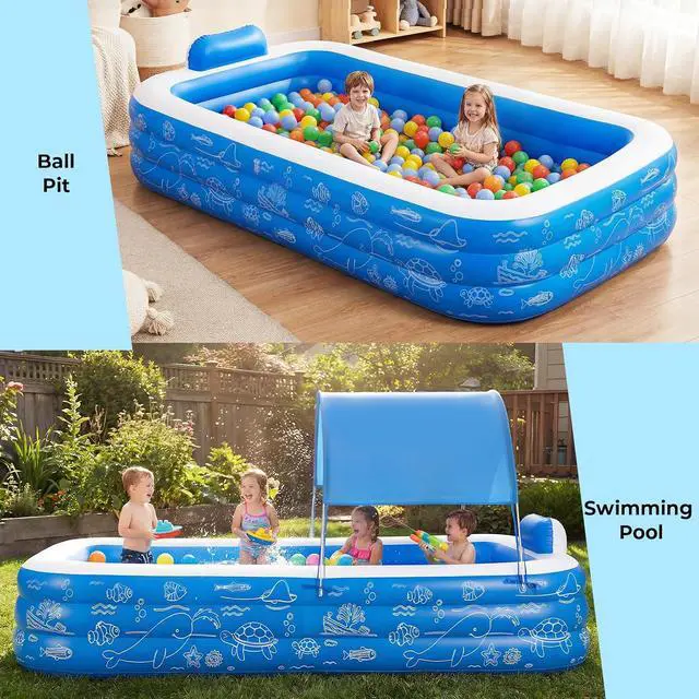 Alt view image 5 of 7 - Inflatable Pool with with Canopy, 120''x68''x57'' Oversized Thickened Family Swimming Pool for Kids and Adults, Outdoor, Garden, Blue