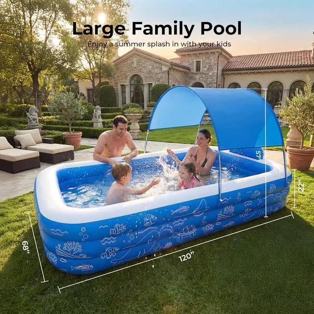 Alt view image 6 of 7 - Inflatable Pool with with Canopy, 120''x68''x57'' Oversized Thickened Family Swimming Pool for Kids and Adults, Outdoor, Garden, Blue