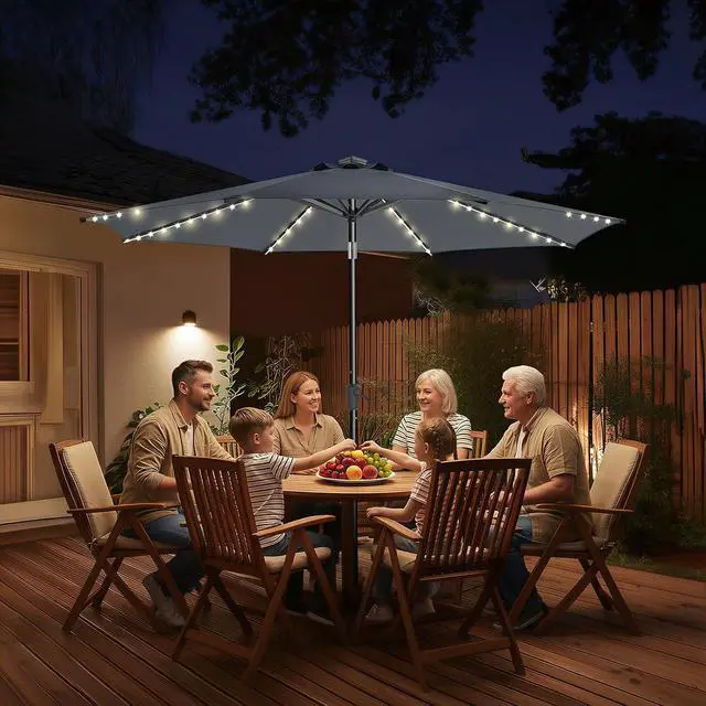 Alt view image 7 of 7 - 9ft Solar Patio Umbrella with Colorful LED Lights, 45° Tilt Adjustment Outdoor Umbrella for Garden, Backyard, Pool, Gray (Base not included)