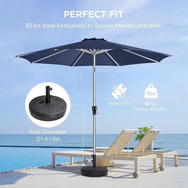 Alt view image 7 of 7 - 80lbs Patio Umbrella Base, Heavy Duty Base for Outdoor Market Umbrella, Fillable Weights with High-Density HDPE Material, Black