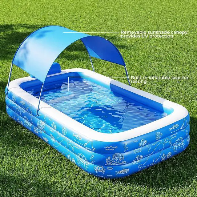 Alt view image 7 of 7 - Inflatable Pool with with Canopy, 120''x68''x57'' Oversized Thickened Family Swimming Pool for Kids and Adults, Outdoor, Garden, Blue