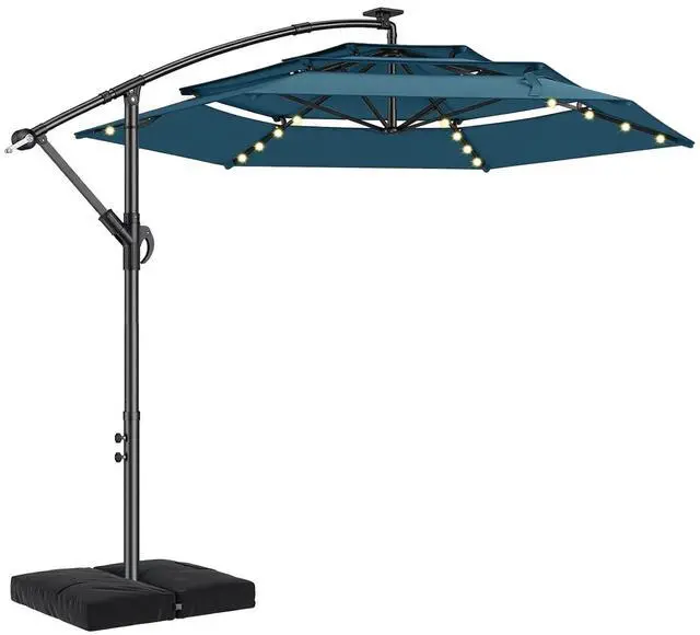 Main image of 10ft 3-Tiered Cantilever Patio Umbrella Solar LED Lighted, Hanging Offset Market Outdoor Sun Shade with Base Stand for Beach, Backyard, Deck, Poolside, Light Blue