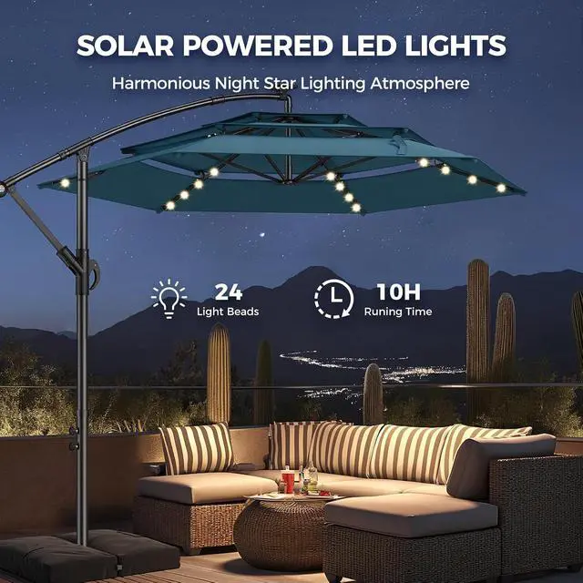 Alt view image 2 of 7 - 10ft 3-Tiered Cantilever Patio Umbrella Solar LED Lighted, Hanging Offset Market Outdoor Sun Shade with Base Stand for Beach, Backyard, Deck, Poolside, Light Blue