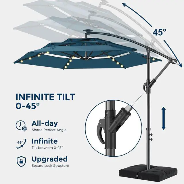 Alt view image 3 of 7 - 10ft 3-Tiered Cantilever Patio Umbrella Solar LED Lighted, Hanging Offset Market Outdoor Sun Shade with Base Stand for Beach, Backyard, Deck, Poolside, Light Blue