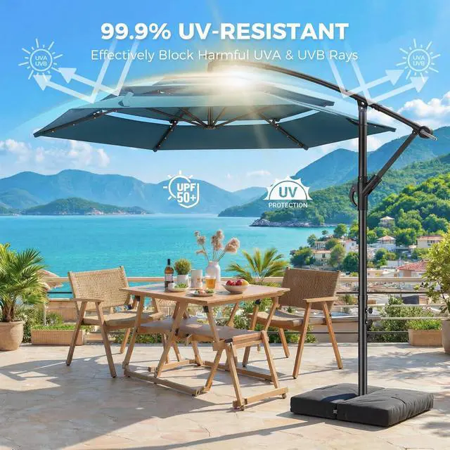 Alt view image 4 of 7 - 10ft 3-Tiered Cantilever Patio Umbrella Solar LED Lighted, Hanging Offset Market Outdoor Sun Shade with Base Stand for Beach, Backyard, Deck, Poolside, Light Blue