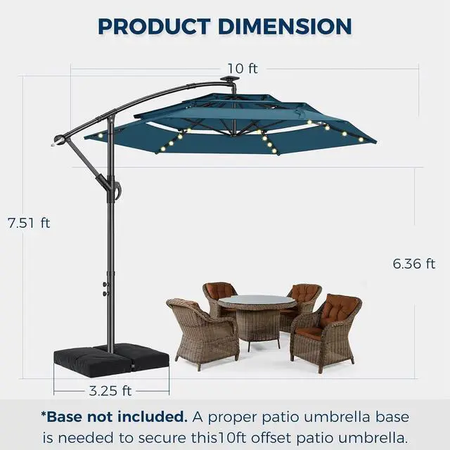 Alt view image 7 of 7 - 10ft 3-Tiered Cantilever Patio Umbrella Solar LED Lighted, Hanging Offset Market Outdoor Sun Shade with Base Stand for Beach, Backyard, Deck, Poolside, Light Blue