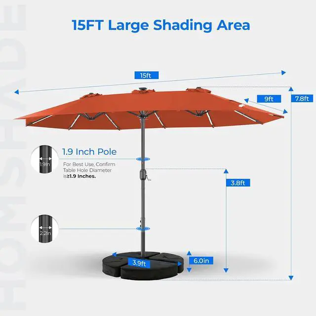 Alt view image 4 of 7 - 15FT Double Sided Rectangular Patio Umbrella with LED Light Bars and Base, Large Outdoor Sun Umbrella with Crank Open and Close for Patio, Lawn, Garden, Backyard,Orange