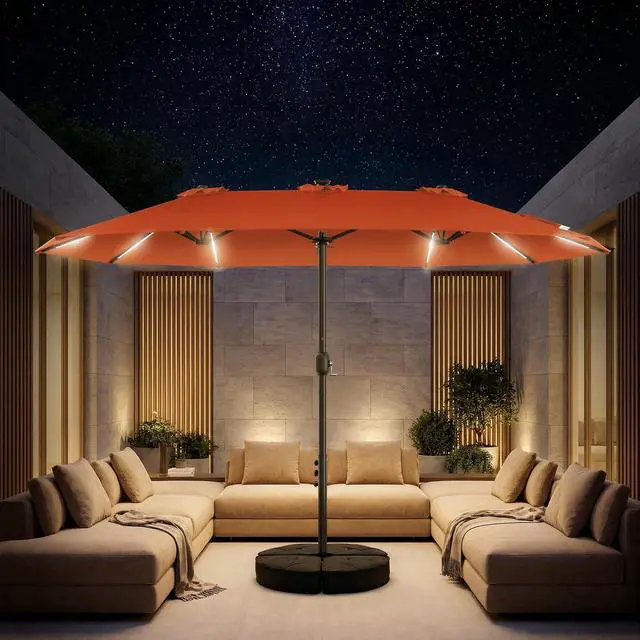 Alt view image 2 of 7 - 15FT Double Sided Rectangular Patio Umbrella with LED Light Bars and Base, Large Outdoor Sun Umbrella with Crank Open and Close for Patio, Lawn, Garden, Backyard,Orange