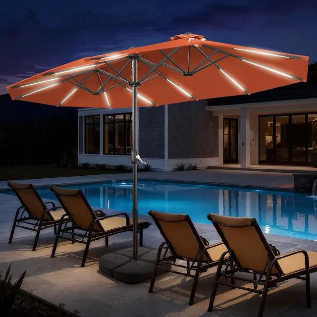 Alt view image 7 of 7 - 15FT Double Sided Rectangular Patio Umbrella with LED Light Bars and Base, Large Outdoor Sun Umbrella with Crank Open and Close for Patio, Lawn, Garden, Backyard,Orange