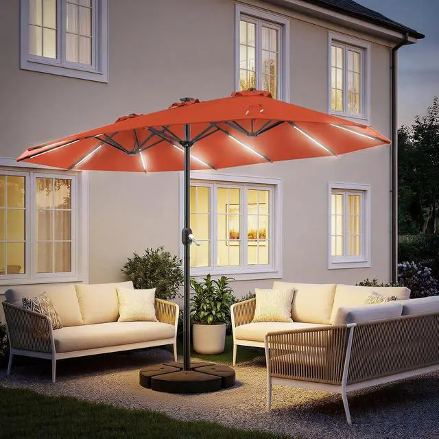 Alt view image 6 of 7 - 15FT Double Sided Rectangular Patio Umbrella with LED Light Bars and Base, Large Outdoor Sun Umbrella with Crank Open and Close for Patio, Lawn, Garden, Backyard,Orange