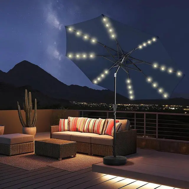 Main image of 7.5ft Solar Polyester 18 LED Lighted Patio Umbrella with Tilt Adjustment and UV-Resistant Fabric,for Garden,Deck,Backyard,Pool and Beach, Navy (HY11-7.5)