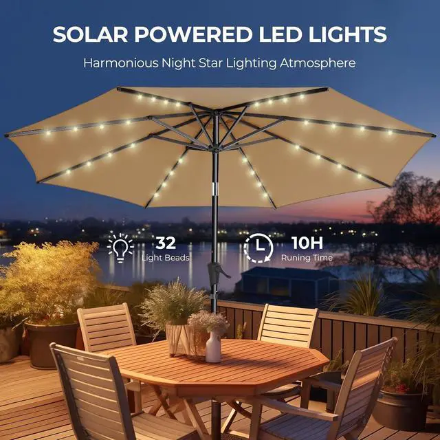 Alt view image 2 of 7 - 9ft Solar Polyester 18 LED Lighted Patio Umbrella with Tilt Adjustment and UV-Resistant Fabric,for Garden,Deck,Backyard,Pool and Beach, BeigeHY11L-7.5
