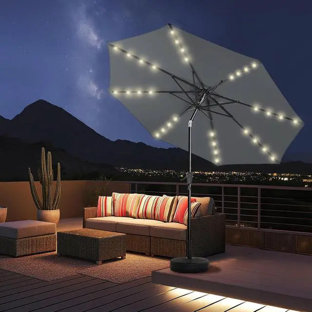 Main image of 7.5ft Solar Polyester 18 LED Lighted Patio Umbrella with Tilt Adjustment and UV-Resistant Fabric,for Garden,Deck,Backyard,Pool and Beach, Gray (HY11-7.5)