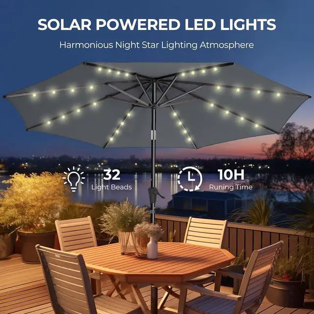 Alt view image 3 of 7 - 7.5ft Solar Polyester 18 LED Lighted Patio Umbrella with Tilt Adjustment and UV-Resistant Fabric,for Garden,Deck,Backyard,Pool and Beach, Gray (HY11-7.5)