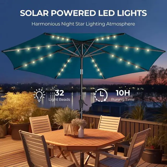Alt view image 4 of 7 - 9ft Solar Polyester 18 LED Lighted Patio Umbrella with Tilt Adjustment and UV-Resistant Fabric,for Garden,Deck,Backyard,Pool and Beach, Blue (HY11-7.5)
