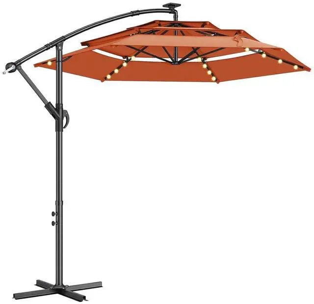 Main image of 10ft 3-Tiered Cantilever Patio Umbrella Solar LED Lighted, Hanging Offset Market Outdoor Sun Shade for Beach, Backyard, Deck, Poolside, Orange