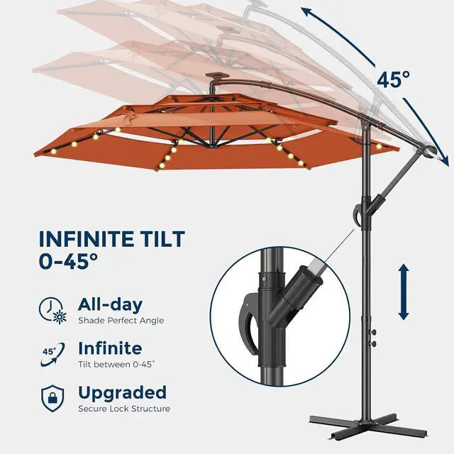 Alt view image 4 of 7 - 10ft 3-Tiered Cantilever Patio Umbrella Solar LED Lighted, Hanging Offset Market Outdoor Sun Shade for Beach, Backyard, Deck, Poolside, Orange
