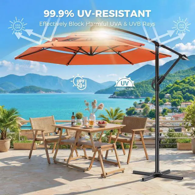 Alt view image 3 of 7 - 10ft 3-Tiered Cantilever Patio Umbrella Solar LED Lighted, Hanging Offset Market Outdoor Sun Shade for Beach, Backyard, Deck, Poolside, Orange
