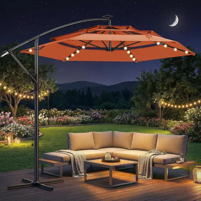 Alt view image 2 of 7 - 10ft 3-Tiered Cantilever Patio Umbrella Solar LED Lighted, Hanging Offset Market Outdoor Sun Shade for Beach, Backyard, Deck, Poolside, Orange