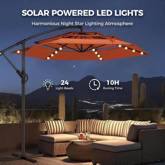 Alt view image 5 of 7 - 10ft 3-Tiered Cantilever Patio Umbrella Solar LED Lighted, Hanging Offset Market Outdoor Sun Shade for Beach, Backyard, Deck, Poolside, Orange