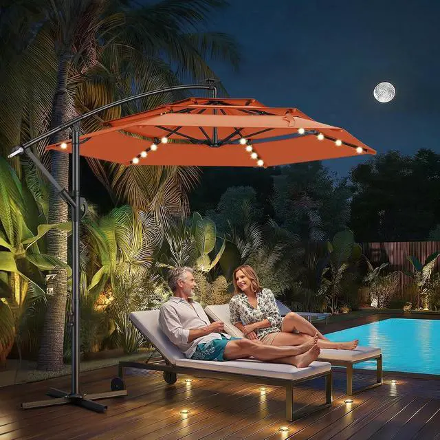 Alt view image 6 of 7 - 10ft 3-Tiered Cantilever Patio Umbrella Solar LED Lighted, Hanging Offset Market Outdoor Sun Shade for Beach, Backyard, Deck, Poolside, Orange