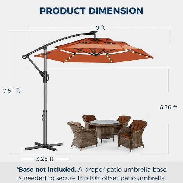 Alt view image 7 of 7 - 10ft 3-Tiered Cantilever Patio Umbrella Solar LED Lighted, Hanging Offset Market Outdoor Sun Shade for Beach, Backyard, Deck, Poolside, Orange