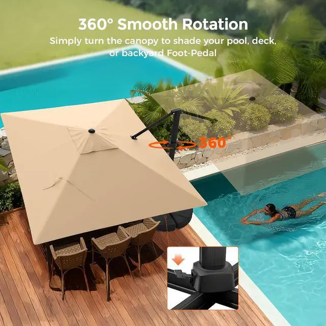 Alt view image 4 of 6 - 9x12 FT Cantilever Patio Umbrella with Base- Large Offset Heavy-Duty Aluminum Umbrella with 360° Rotation, 6 Tilts, Outdoor Umbrella for Pool Deck, Square, Beige