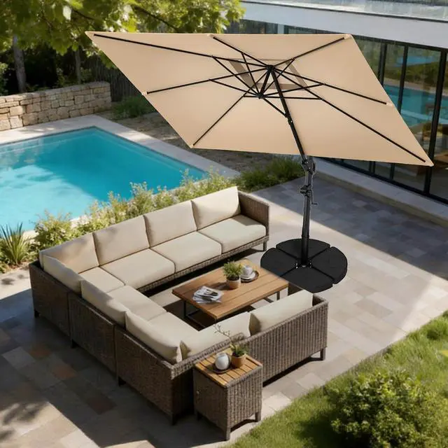 Alt view image 6 of 6 - 9x12 FT Cantilever Patio Umbrella with Base- Large Offset Heavy-Duty Aluminum Umbrella with 360° Rotation, 6 Tilts, Outdoor Umbrella for Pool Deck, Square, Beige