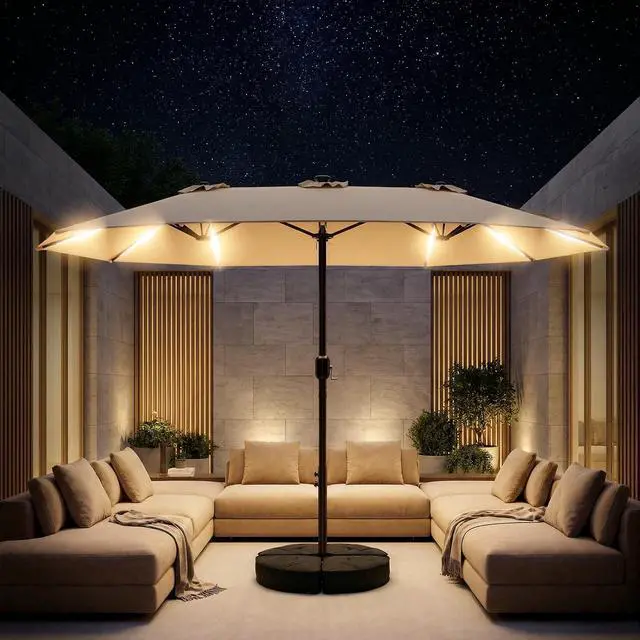 Alt view image 2 of 7 - 15FT Double Sided Rectangular Patio Umbrella with LED Light Bars and Base, Large Outdoor Sun Umbrella with Crank Open and Close for Patio, Lawn, Garden, Backyard,Beige