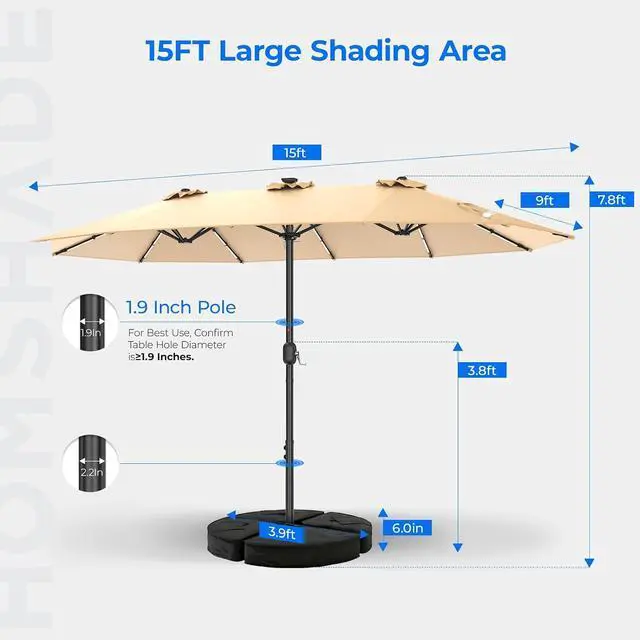 Alt view image 5 of 7 - 15FT Double Sided Rectangular Patio Umbrella with LED Light Bars and Base, Large Outdoor Sun Umbrella with Crank Open and Close for Patio, Lawn, Garden, Backyard,Beige